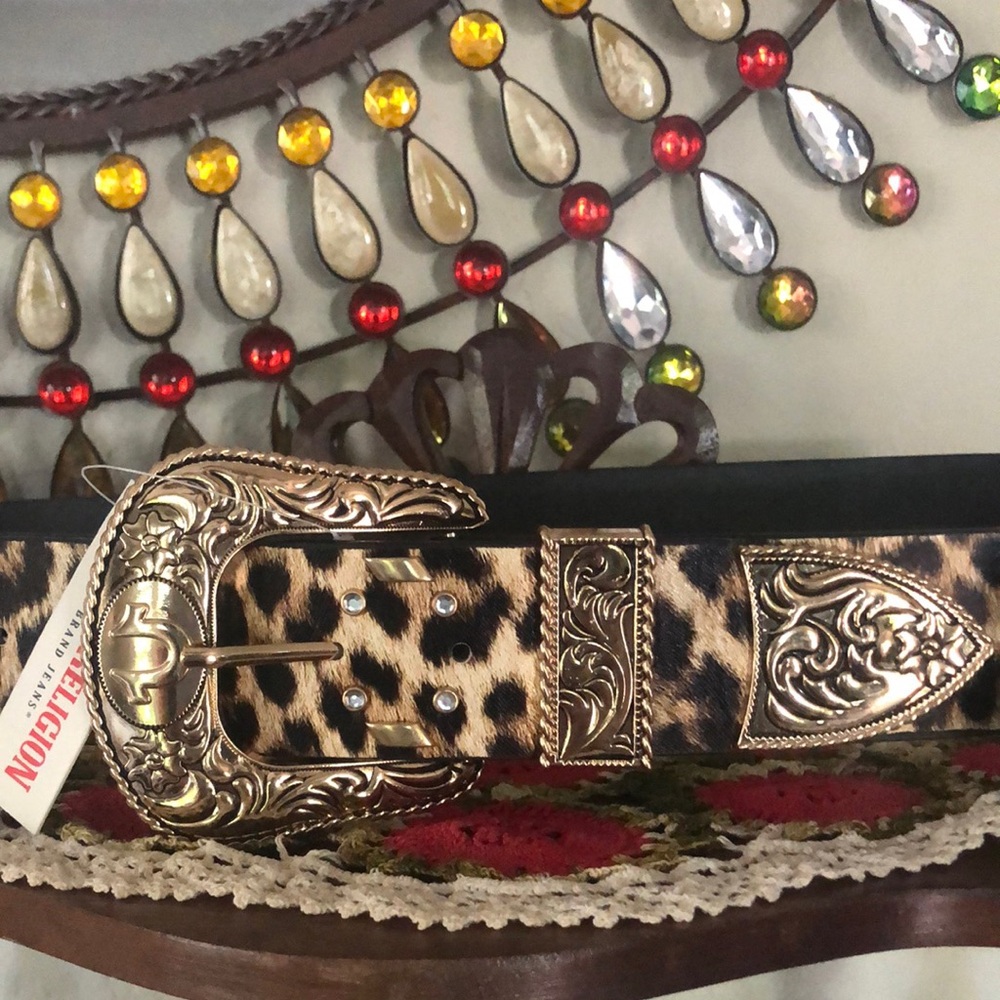 NWT True Religion Leopard Print Belt with Ornate Gold Buckle